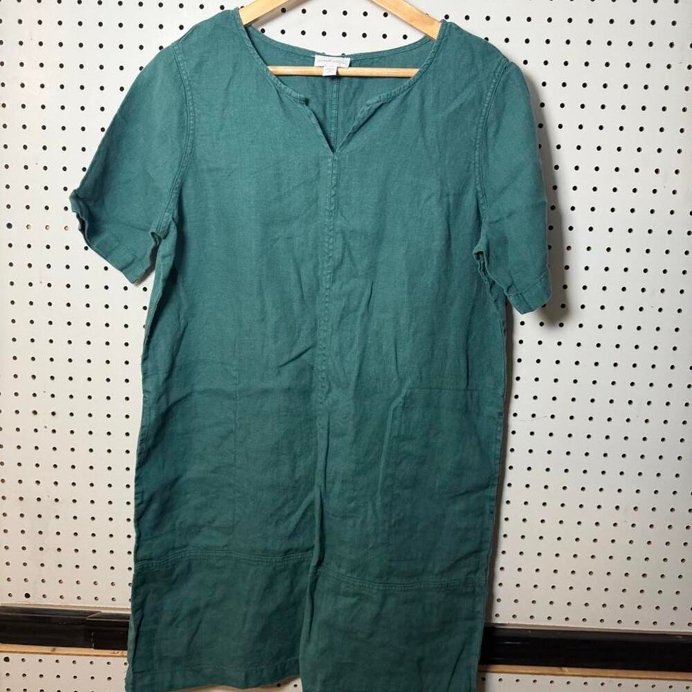 J. Jill Pure Jill Linen Dress Green Women's Petite Medium Pockets Lagen Look